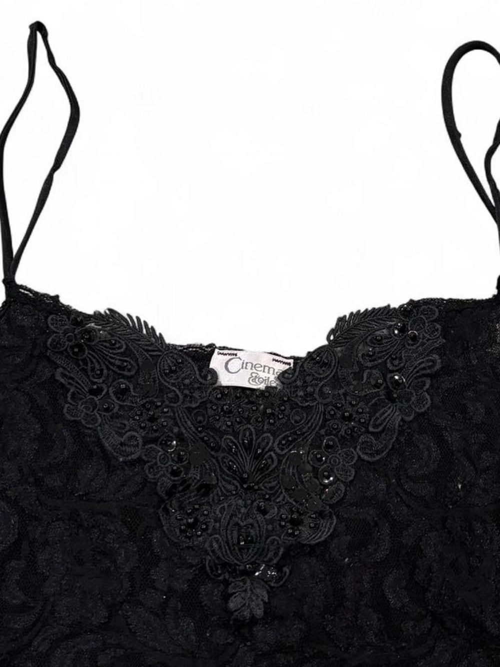 Vintage Cinema Etoile black nylon lace cami top with beaded details